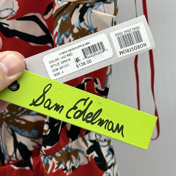 Sam Edelman Women's Size 4 Red Floral Print Asymmetrical Ruffle Midi Dress NWT - Picture 6 of 11